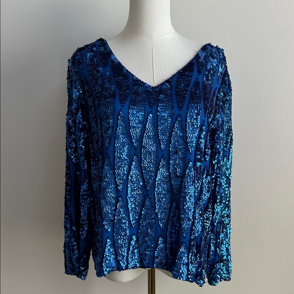 VTG Womens Silk Hand‎ Beaded Sequins Embellished Long Sleeve Glam Party Blouse M